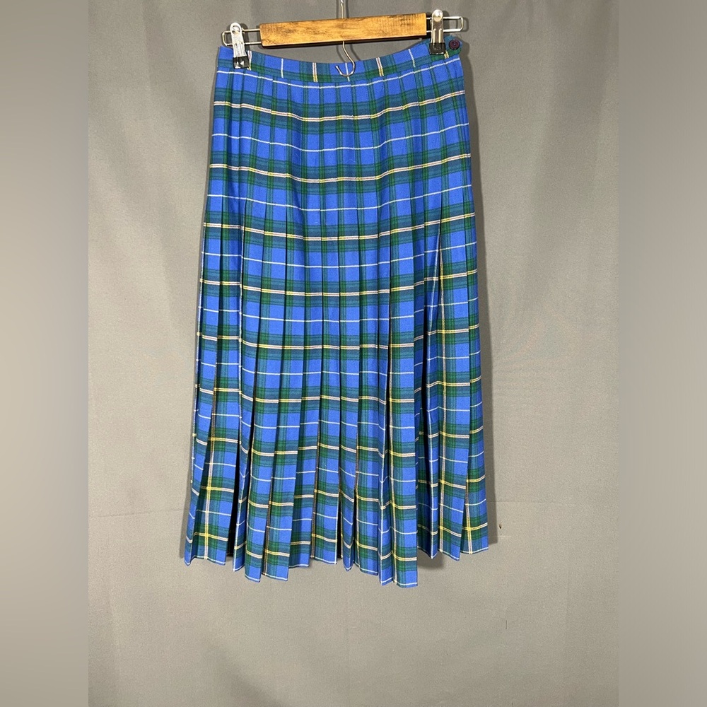 Vintage Carroll Reed Al Jean Tartan Blue Plaid Pleated Virgin Wool Midi Skirt XS